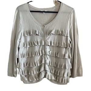 Y2K Button Up Cardigan Tiered Ruffle M/L‎ 3/4 Sleeve Sweater Gray Chic Boho Twee